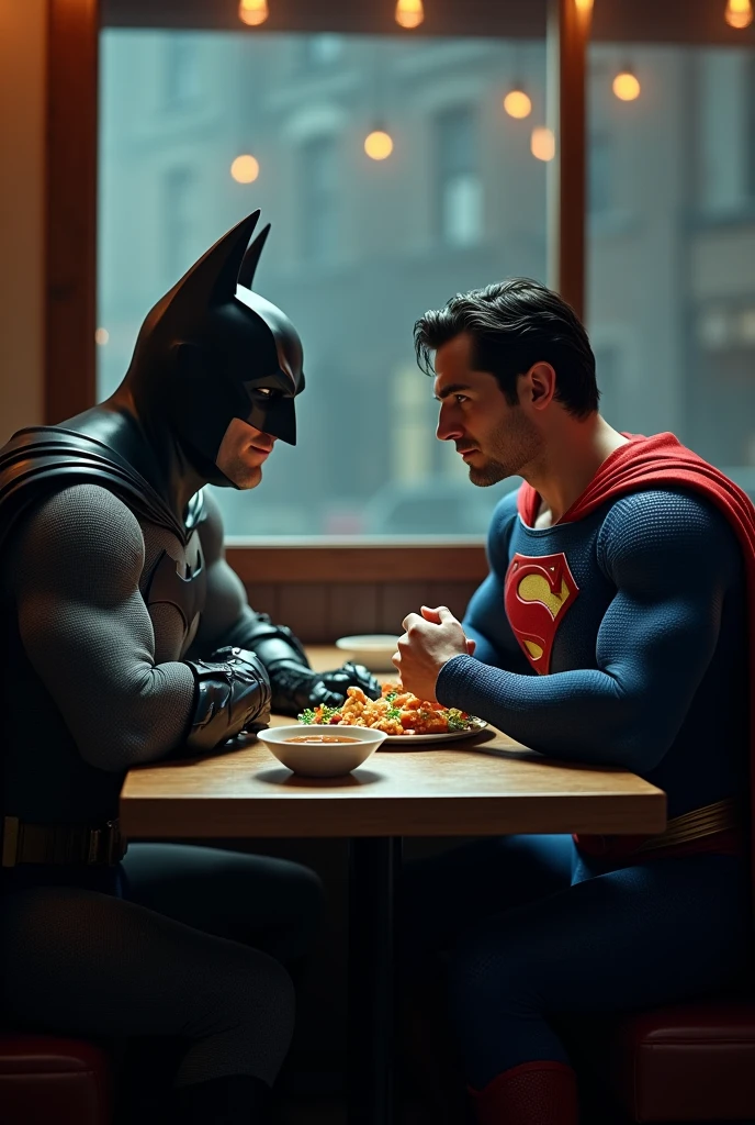 Batman eating soup with Superman by Henry Cavill