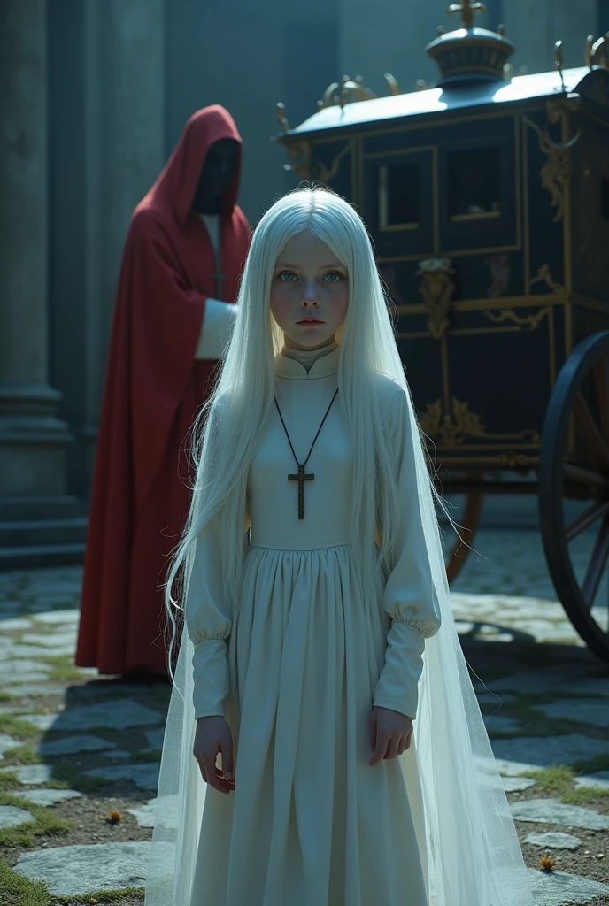 Albino girl with long white hair, From the Middle Ages, realisitic, blue eyes white nun clothes, with a cross necklace and a look of fear in front of a carriage in a Villa, with a scary red bishop behind details at night.