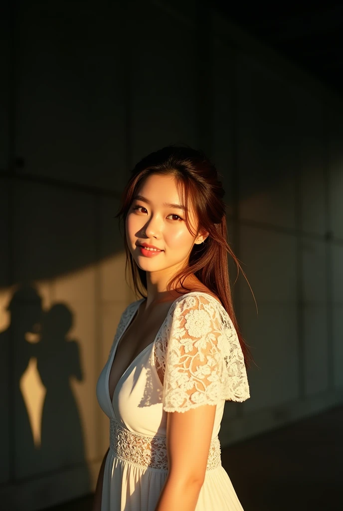 (Highest quality:1.4),(masterpiece:1.4),(Realistic:1.4),(Realistic:1.2),(超High resolution, RAW Photos:1.4),(High resolution, Very detailed:1.2),(8k:1.2),photograph,(Shot from behind:1.3)、Korean women、brown hair photos,One Woman,alone,(In underwear),Very large breasts,((Thigh to head shot:1.3))、(((topless、You can see her large breasts from the side.)))、((Toothy smile))、((Very large breasts:1.4))、Realistic skin textures、Slightly freckled、Slender figure、Realistic skin textures、((background,Concrete wall:1.3)),(topless,The breast is visible from the side:1.6),(Long lace slip,White)、3 woman、The angle at which the nipple is not visible、((Updo long hairstyle))、((Black,Long lace slip:1.4))、Correct toes、Detailed facial features、Long slip covers the buttocks and soles of the feet、Long slip covers your butt、