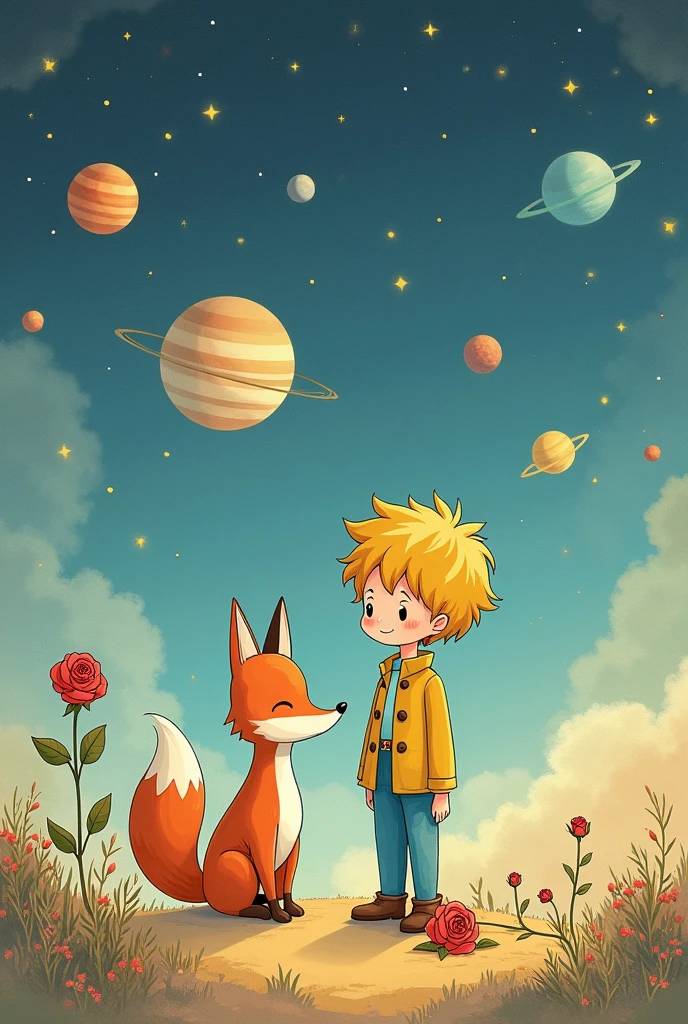 Background image of the  prince with a rose and the fox, with planets. with phrase of: "happy birthday Carmen Rosa!"