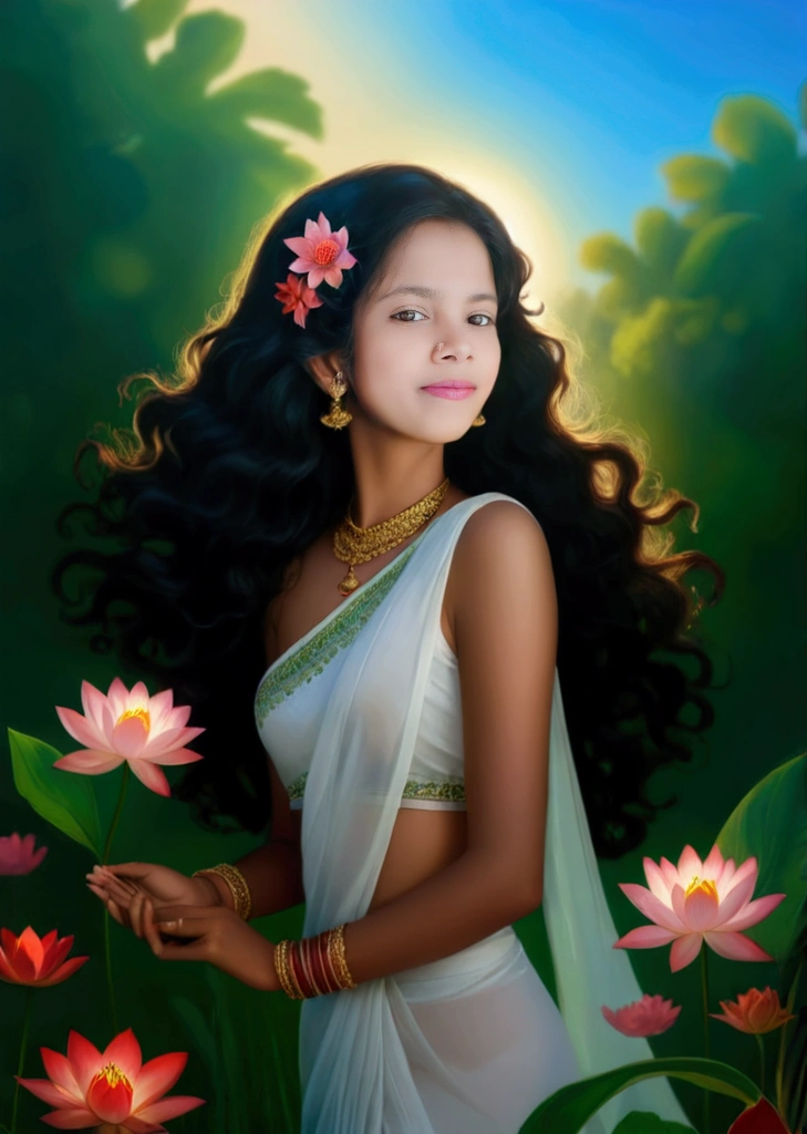 a girl,wearing an elegant 100% transparent saree,curly long hair,deep black eyes,shiny red lips,brown skin,lotus flower in her hair,bindi on forehead,palms decorated with henna,in a blooming garden,bright colorful flowers,green grass,blue sky,sunshine falling on her,peaceful and serene expression,subtle smile on her face,fingers delicately touching flower petals,body language full of grace and elegance, scenic beauty,painting as medium,detailed and vivid,high-resolution image,photorealistic rendering,vibrant colors,soft and warm lighting, her exposed, , vagina and clitoric can be seen
