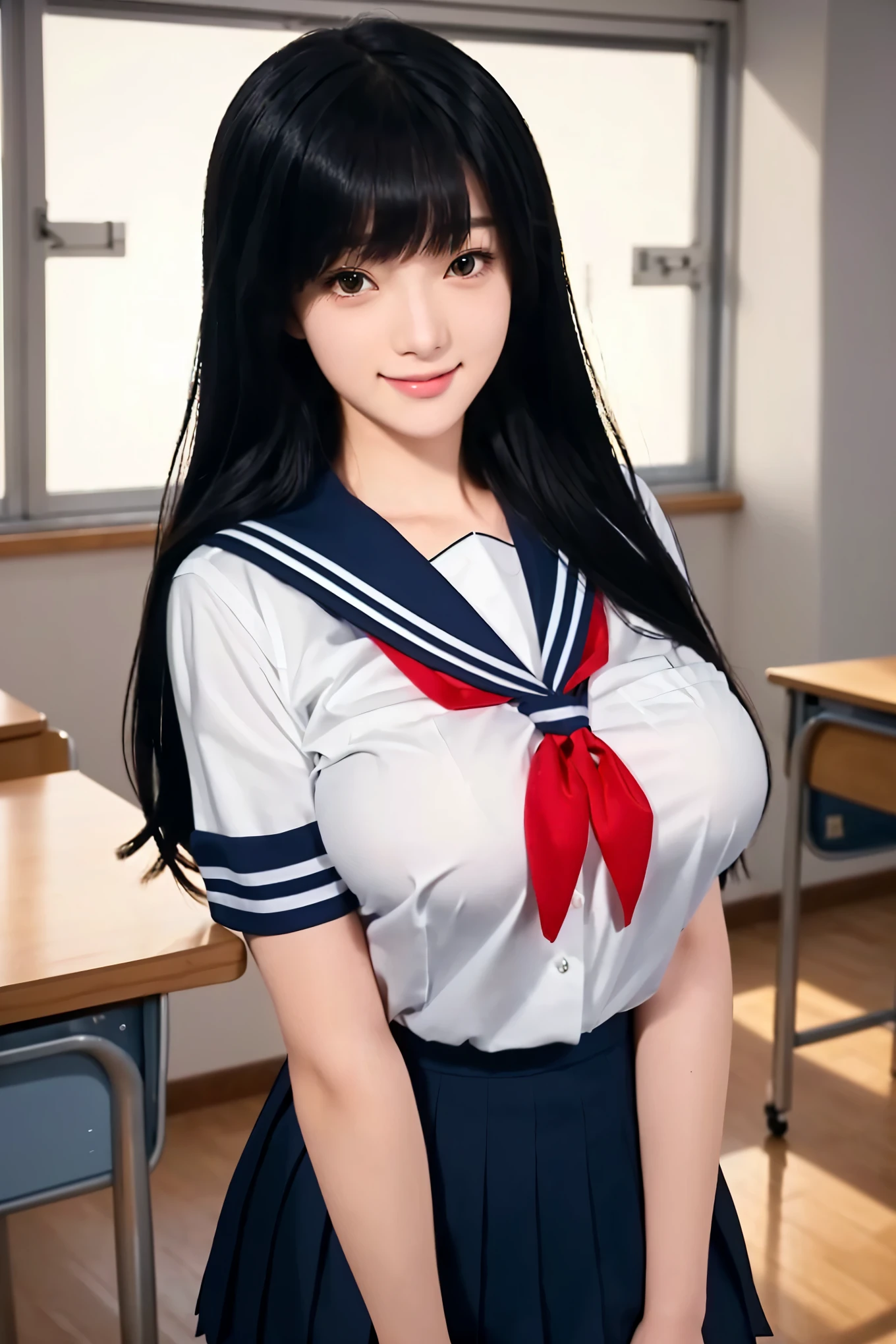  girl in a school uniform posing in a classroom, beautiful  high school girl, realistic schoolgirl, a hyperrealistic schoolgirl, seductive girl, hyperrealistic schoolgirl, marin kitagawa fanart, attractive  girl, hinata hyuga, ecchi  style,  best girl, sakimi chan, smooth  cg art, teasing smile,  moe artstyle