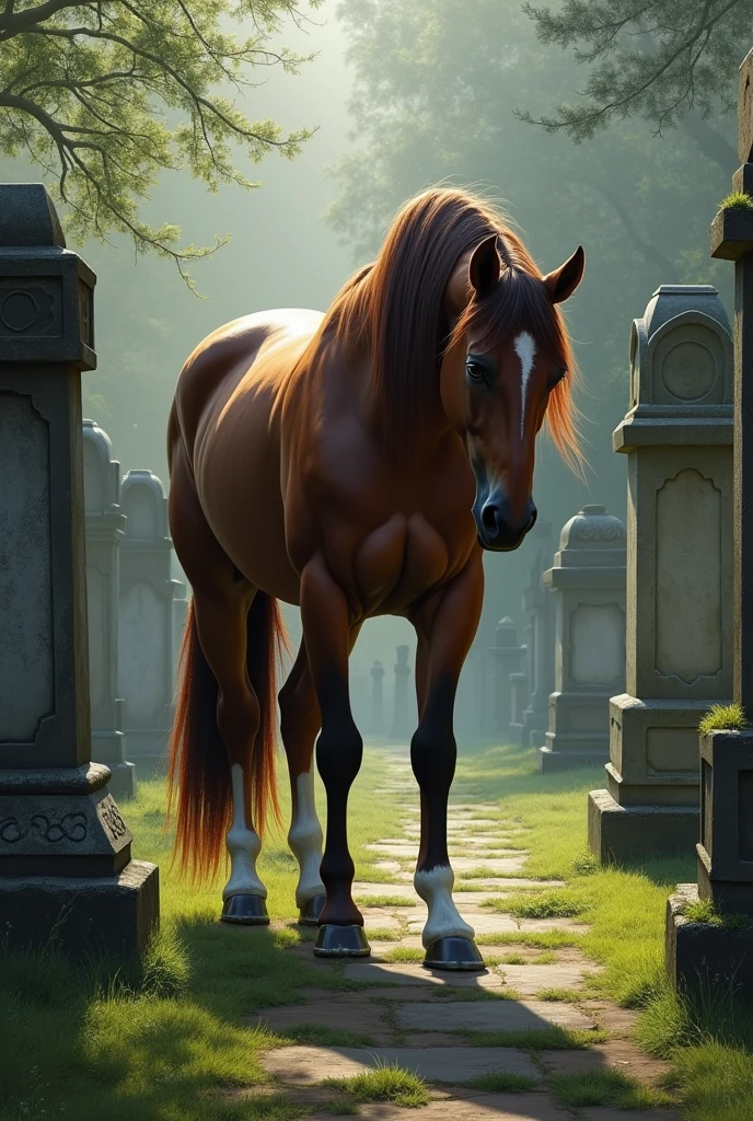 A bay horse with its head down among the graves