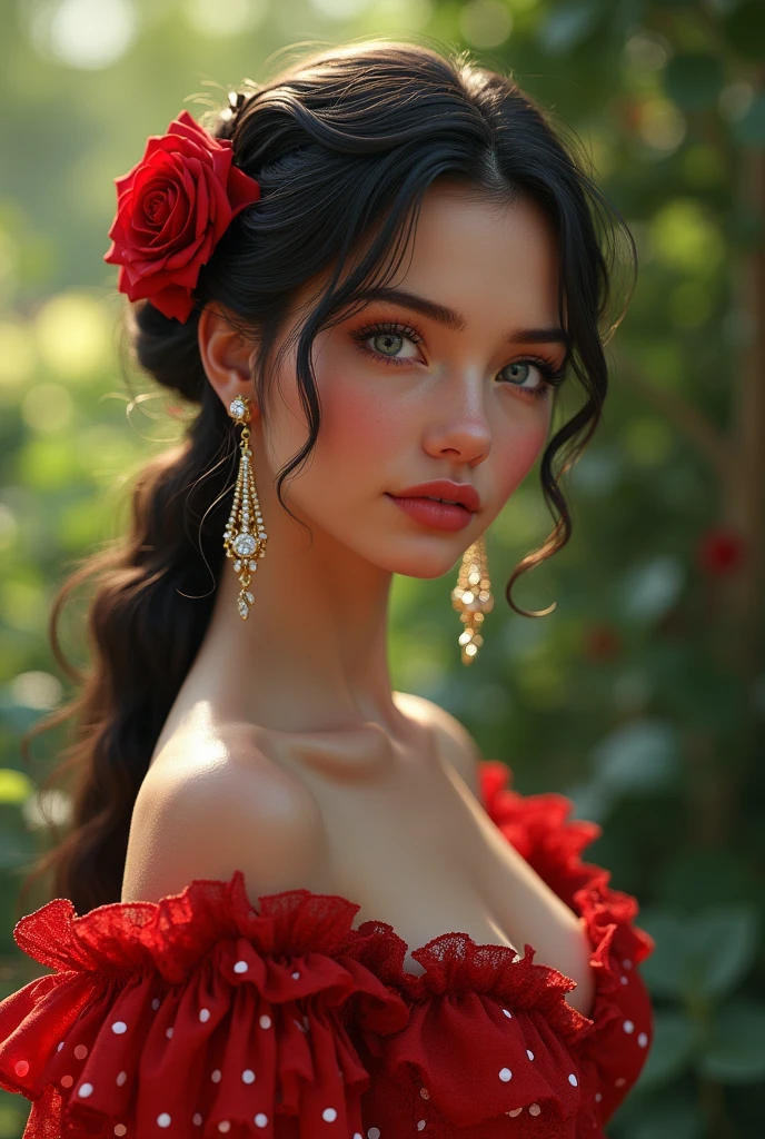 Woman Jennifer connelly Young 20 years old model long hair Brow bun with red rose in hair n blue eyes dress red flamenco sevillana ruffles lace white polka dots long gold earrings diamonds in garden
