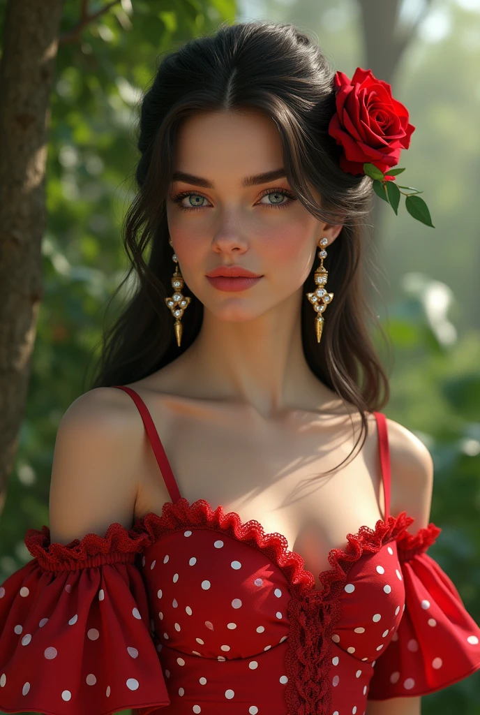 Woman Jennifer connelly Young 20 years old model long hair Brow bun with red rose in hair n blue eyes dress red flamenco sevillana ruffles lace white polka dots long gold earrings diamonds in garden