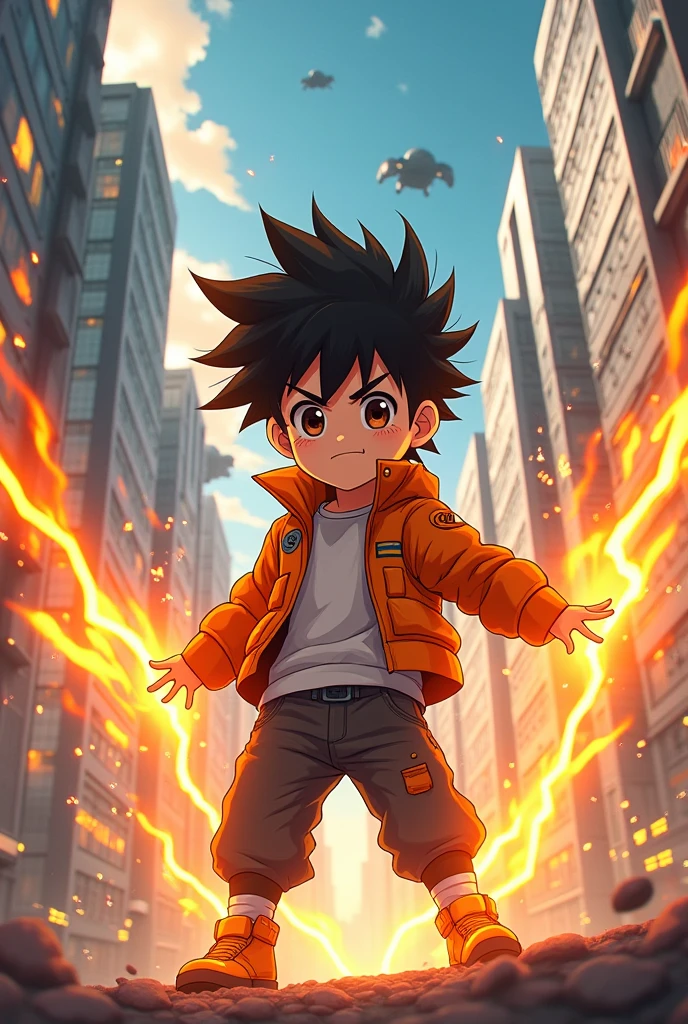 anime style draw ,Anime boy ,in a futuristic city, tecnology, controlling orange lightning and sparks