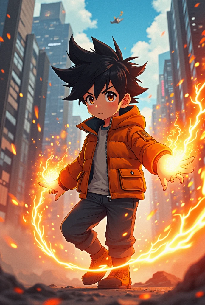 anime style draw ,Anime boy ,in a futuristic city, tecnology, controlling orange lightning and sparks