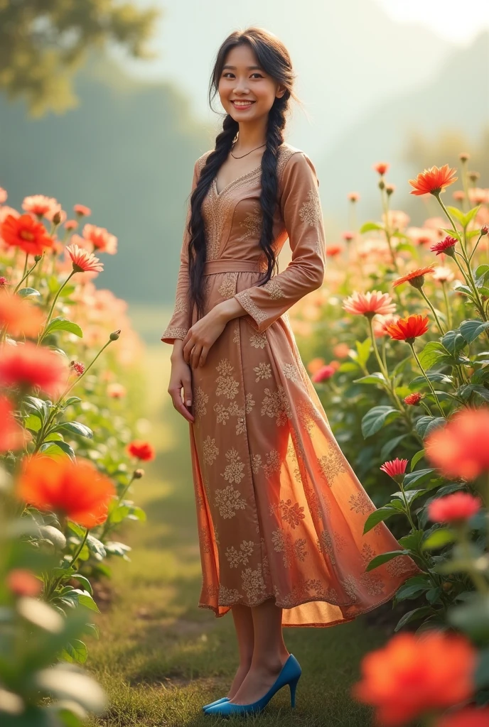 Full body photo of a girl with braided hair, smiling cheerfully, wearing a long-sleeved dress made of Thai fabric brown, pearl, and a flowery skirt, wearing blue high heels, standing in a field of flowers