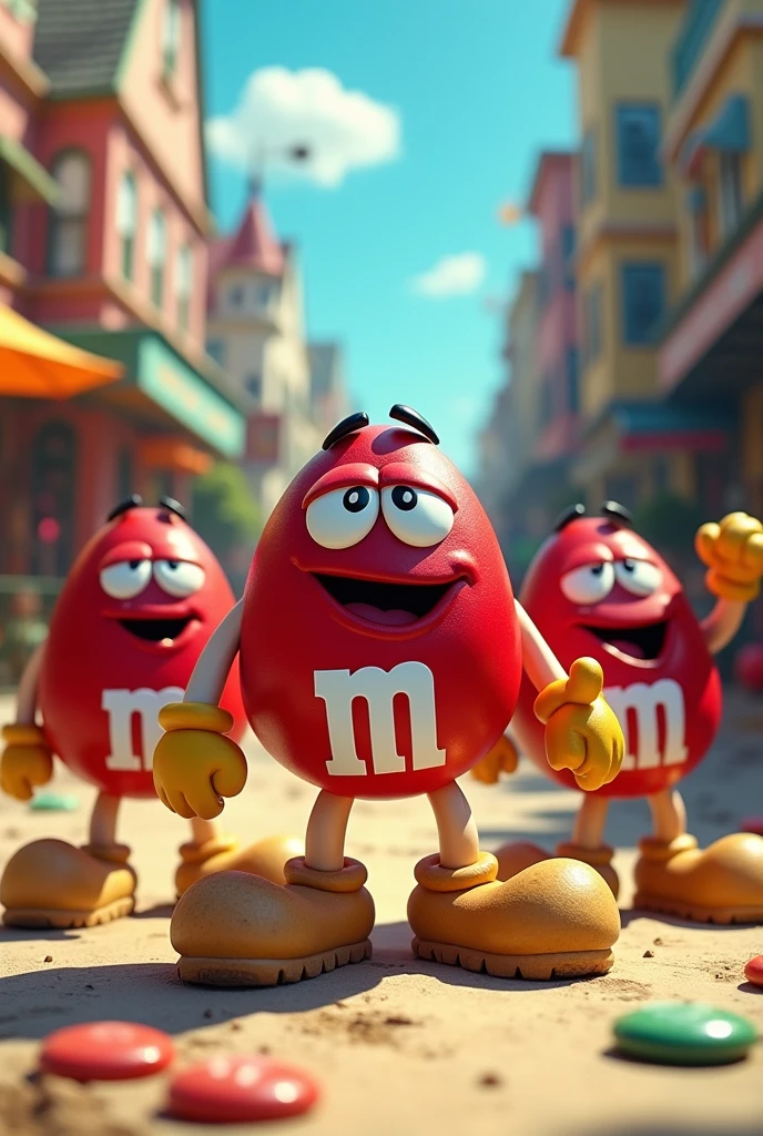 One Piece, 3 Red M&M Men with big floppy potato shoes, flapping arms, chanting "HO HA HO HA"