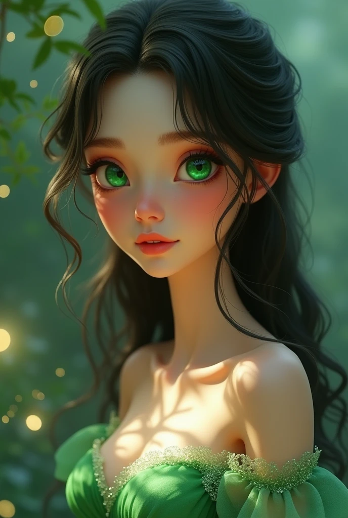 Could you make a pretty girl with green eyes and a green dress animated to draw?