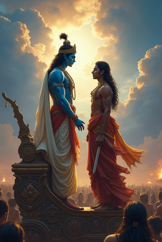 Krishna giving discourse to arjun in battle field on chariot