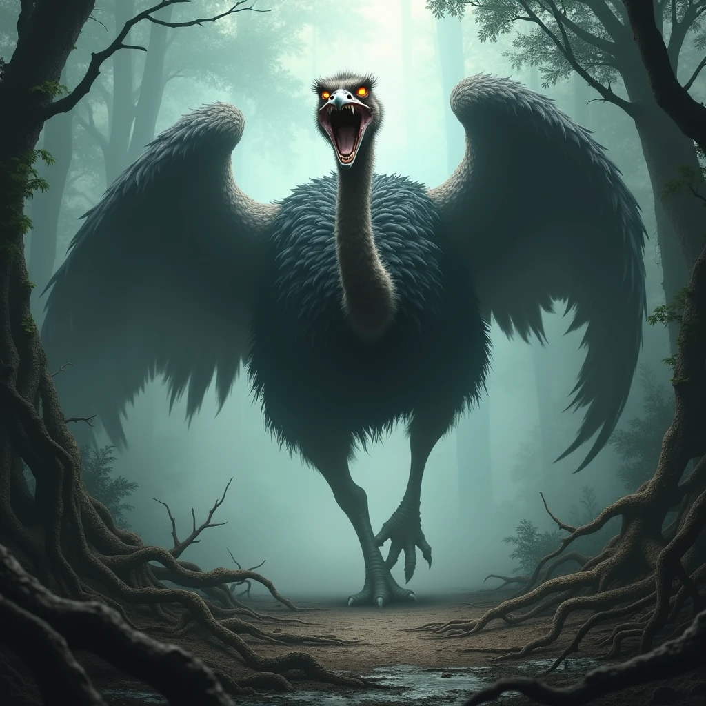 A massive ostrich with sharp, glistening beak fangs is running full speed toward the viewer, its mouth open wide in a ferocious snarl, ready to attack spreading his wings. The ostrich's body is matted and wild, and its glowing eyes are locked onto the viewer with a menacing intensity. The scene is set in a dense, smoky jungle, with thick underbrush and towering trees partially obscured by the heavy mist. The path the ostrich is charging down is wide, overgrown with twisted roots and foliage, adding to the sense of impending danger. The overall atmosphere is dark and ominous, with the dense fog swirling around the ostrich, making its approach even more terrifying