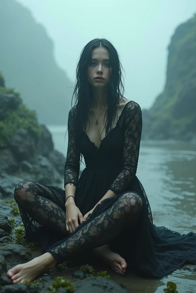 Beautiful gothic girl, beautiful face, Beautiful smile, wet medieval lace dress, tight to the body, wet hair, barefoot, sitting on a rock, Seaweed. exotic planet surroundings, mysterious, night fog, shores of a beach. thick fog, Silent Hill style 1:1 cinematic. masterpiece, hyperrealistic 4k
