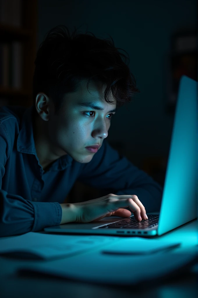 A close-up of a person with tired eyes, almost closing, in a dark and disorganized office environment, with papers scattered around and the light from the computer screen illuminating the face.