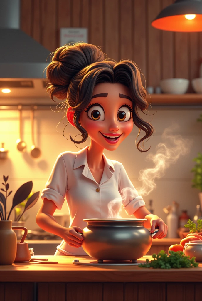 animated lady cooking food in a kitchen, beautiful interior, Write "Kitchen Master" in caption