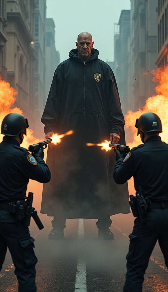 Scene**: The police attempt to stop Coconutcat'sfather but are powerless.
- *Police*: Firing guns and aiming weapons, faces tense with fear and desperation.
- *Coconutcat's Father*: Unfazed by the attacks, standing tall amidst the chaos.