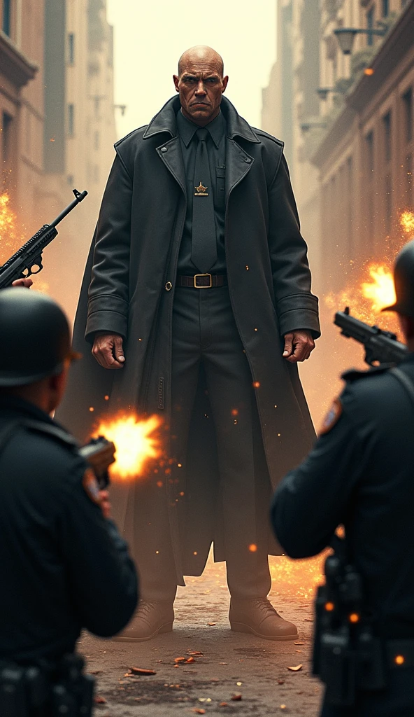 Scene**: The police attempt to stop Coconutcat'sfather but are powerless.
- *Police*: Firing guns and aiming weapons, faces tense with fear and desperation.
- *Coconutcat's Father*: Unfazed by the attacks, standing tall amidst the chaos.