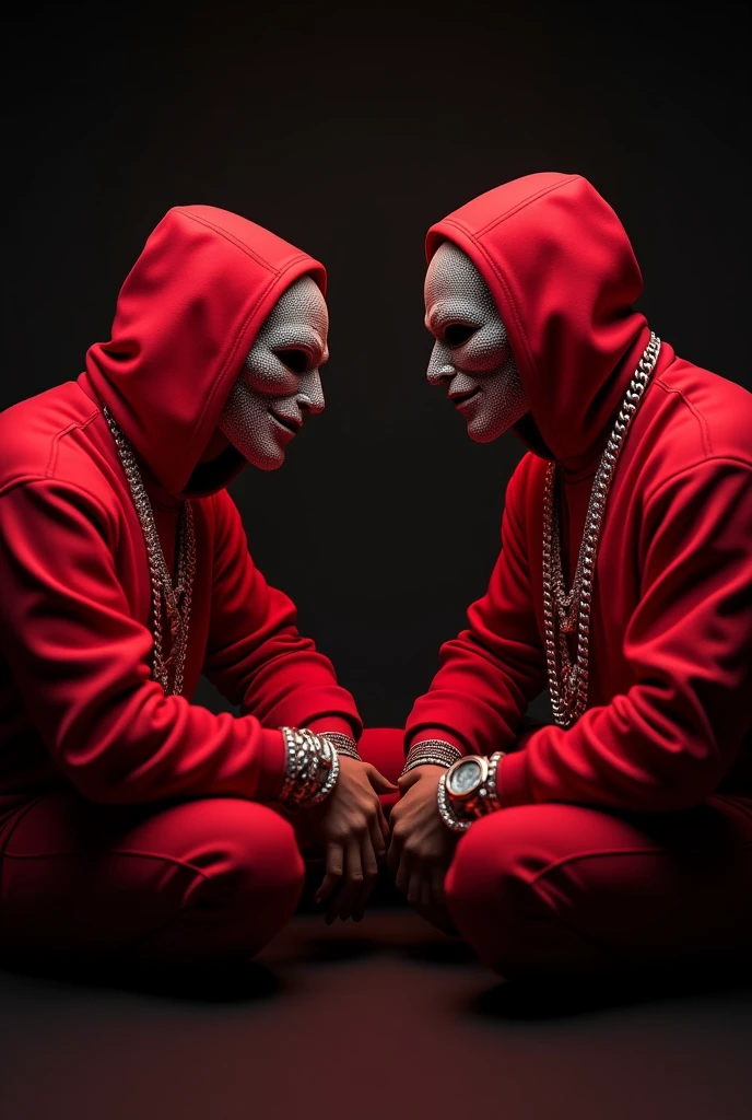 2 guys in a ski mask, sitting back to back, angry, iced out with chains, one saying "DANXVA"and the other saying "TIMBO", dripped out with red deaigner clothing, 4k, lighting, red lighting, dark black background
