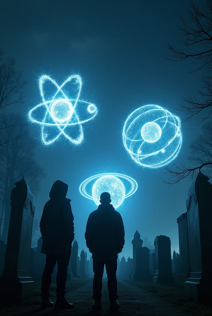 A hologram in the form of an atom, a hologram in the form of a sphere with orbits, a hologram in the form of a sphere with thorns, seen in the night sky, by a man with a hood and another man without a hood, in the middle of a cemetery