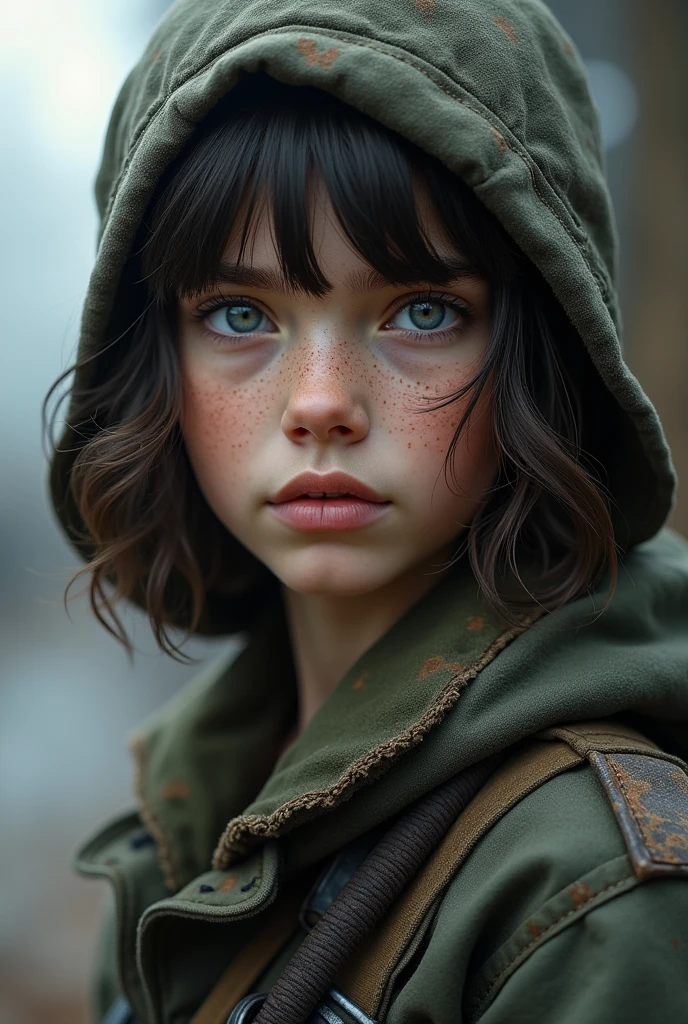 A young soldier, Shoulder-length wavy hair with a fringe covering her forehead, Grey blue eyes almost like metal, pale chick, splattered nose.
