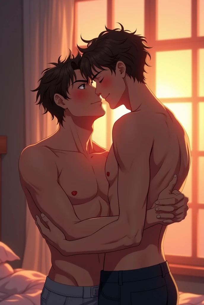 Two guys kissing, anime, shirtless, sunset, bedroom, blushing