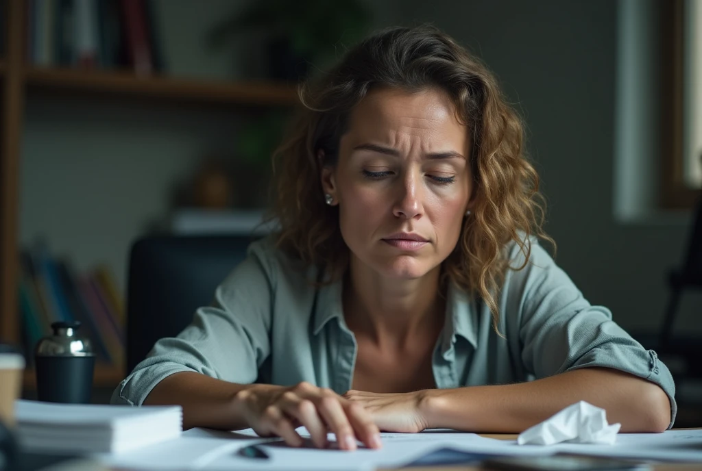 A  A woman doing a job is feeling very stressed  looking exhausted and drained by the end of the day. The person’s face should show signs of fatigue and weariness. In the background, there could be an office desk or home setting with scattered papers and a coffee cup. In one corner of the image, include text that says "Fatigue and Weakness: Solutions and Tips." This will clearly indicate that the image is related to managing fatigue and weakness.