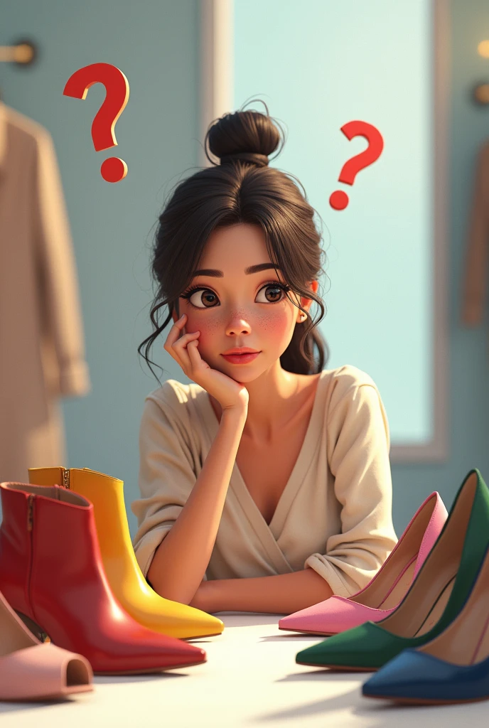 a woman looking at a variety of shoes with a thoughtful expression. Include a question mark above their head to show indecision.