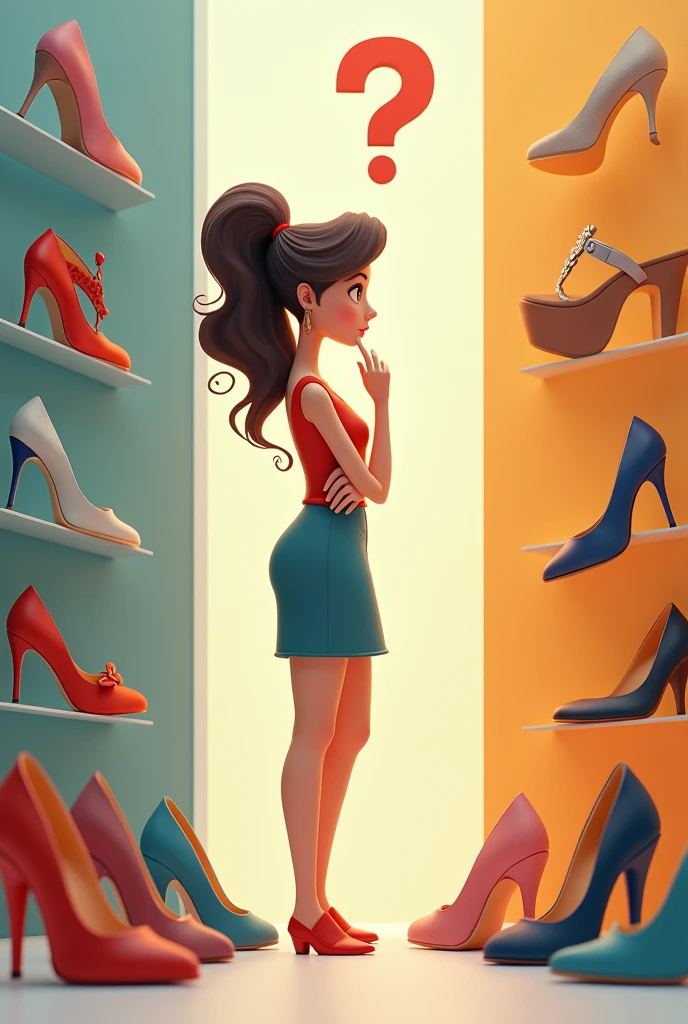 a woman looking at a variety of shoes with a thoughtful expression. Include a question mark above their head to show indecision. 
