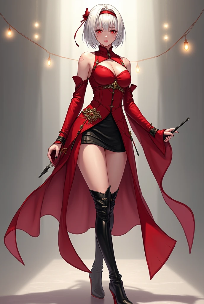 A short white haired anime style girl with a red Chinese combat suit on top and a not so long skirt, black high boots and long sleeves on the arms Height 169 Large bust Long legs 2 Looks like a young adult Full body Name: Paola Brentforfd