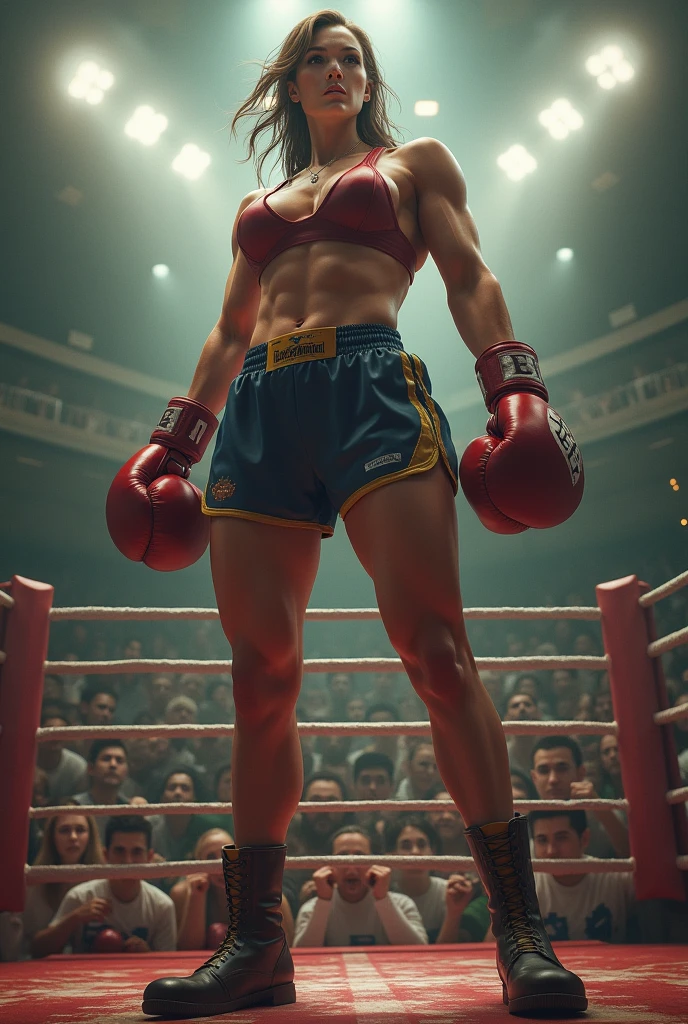 Draw a very tall muscular boxer woman. Her name is Jane. , Jane grows taller every day because of a potion and the woman grows a lot taller. The next day, Jane has a match with a man after growing surprisingly taller.