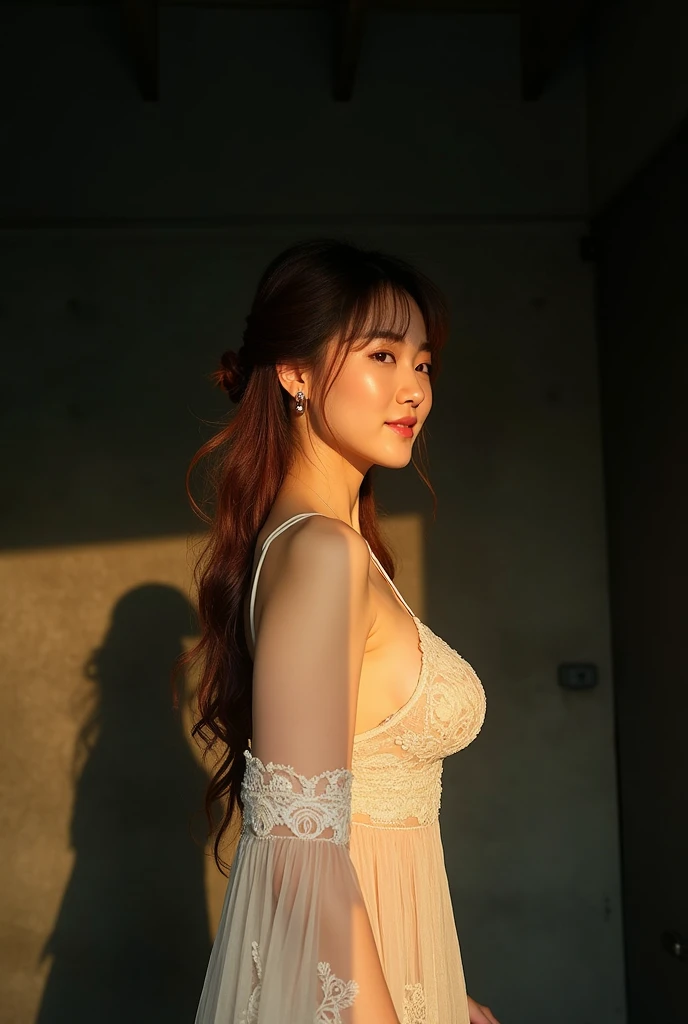 (Highest quality:1.4),(masterpiece:1.4),(Realistic:1.4),(Realistic:1.2),(超High resolution, RAW Photos:1.4),(High resolution, Very detailed:1.2),(8k:1.2),photograph,(Shot from behind:1.3)、Korean women、brown hair photos,One Woman,alone,(In underwear),Very large breasts,((Thigh to head shot:1.3))、(((topless、You can see her large breasts from the side.)))、((Toothy smile))、((Very large breasts:1.4))、Realistic skin textures、Slightly freckled、Slender figure、Realistic skin textures、((background,Concrete wall:1.3)),(topless,The breast is visible from the side:1.6),(Long lace slip,White)、3 woman、The angle at which the nipple is not visible、((Updo long hairstyle))、((Black,Long lace slip:1.4))、Correct toes、Detailed facial features、Long slip covers the buttocks and soles of the feet、Long slip covers your butt、