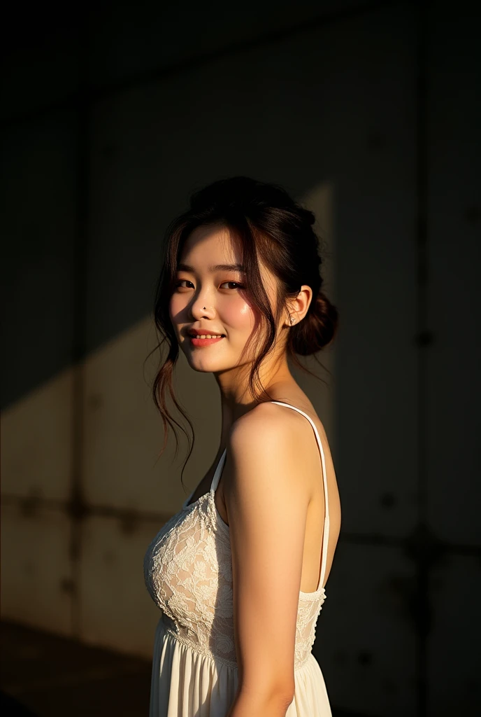 (Highest quality:1.4),(masterpiece:1.4),(Realistic:1.4),(Realistic:1.2),(超High resolution, RAW Photos:1.4),(High resolution, Very detailed:1.2),(8k:1.2),photograph,(Shot from behind:1.3)、Korean women、brown hair photos,One Woman,alone,(In underwear),Very large breasts,((Thigh to head shot:1.3))、(((topless、You can see her large breasts from the side.)))、((Toothy smile))、((Very large breasts:1.4))、Realistic skin textures、Slightly freckled、Slender figure、Realistic skin textures、((background,Concrete wall:1.3)),(topless,The breast is visible from the side:1.6),(Long lace slip,White)、3 woman、The angle at which the nipple is not visible、((Updo long hairstyle))、((Black,Long lace slip:1.4))、Correct toes、Detailed facial features、Long slip covers the buttocks and soles of the feet、Long slip covers your butt、