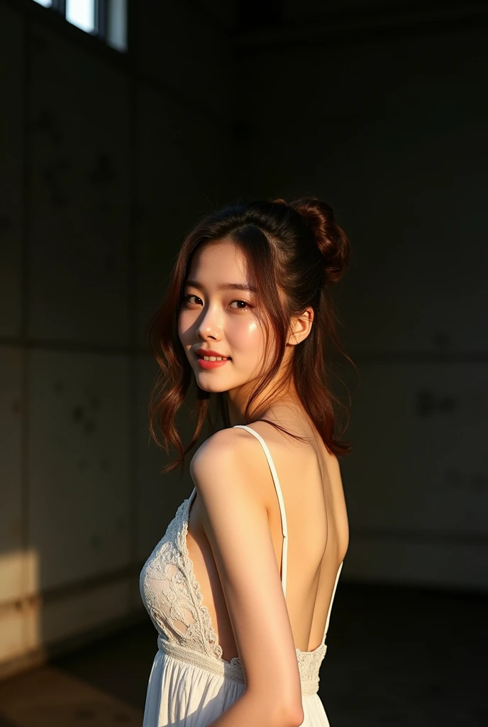 (Highest quality:1.4),(masterpiece:1.4),(Realistic:1.4),(Realistic:1.2),(超High resolution, RAW Photos:1.4),(High resolution, Very detailed:1.2),(8k:1.2),photograph,(Shot from behind:1.3)、Korean women、brown hair photos,One Woman,alone,(In underwear),Very large breasts,((Thigh to head shot:1.3))、(((topless、You can see her large breasts from the side.)))、((Toothy smile))、((Very large breasts:1.4))、Realistic skin textures、Slightly freckled、Slender figure、Realistic skin textures、((background,Concrete wall:1.3)),(topless,The breast is visible from the side:1.6),(Long lace slip,White)、3 woman、The angle at which the nipple is not visible、((Updo long hairstyle))、((Black,Long lace slip:1.4))、Correct toes、Detailed facial features、Long slip covers the buttocks and soles of the feet、Long slip covers your butt、
