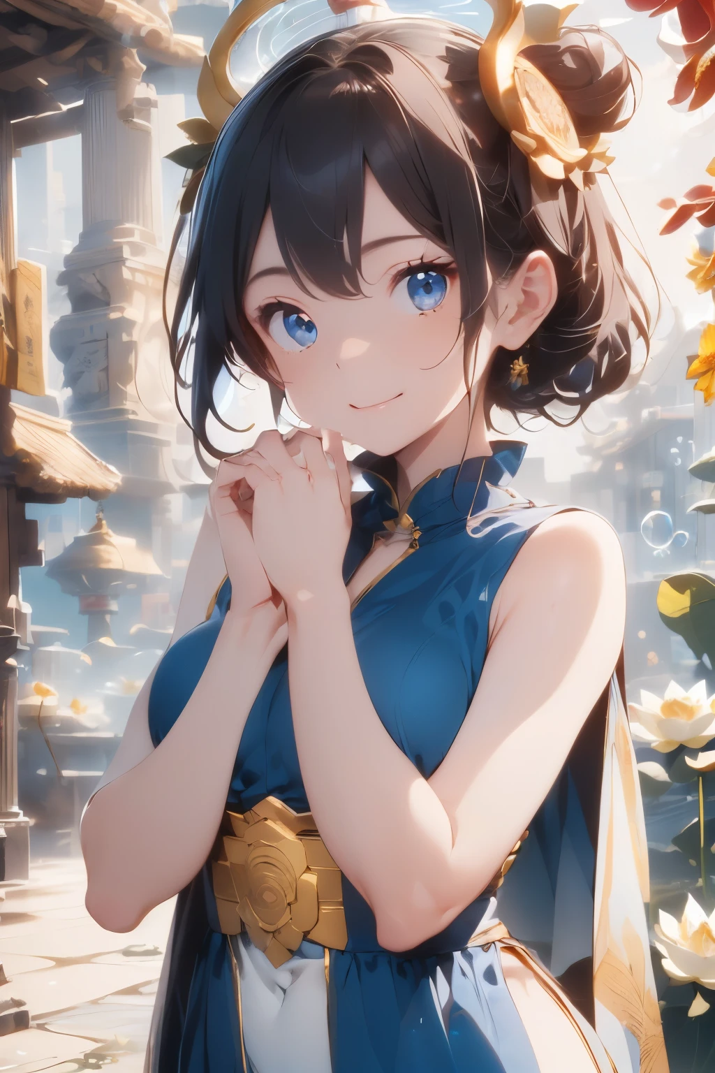 ((Top Quality)), ((Excellent)), ((Detailed), ((Uga Benzaiten)), ((God of Fortune who brings Wealth)), Black Hair, ((Paradise)), Golden Robe, ((Lots of Lotus Flowers)), ((Nice Hands)), ((Perfect Hands)), ((Five fingers on a hand)), Upper Body, Sunrise, Ultra-Realistic, Stunning Environment, Bright Colors, Blue Eyes, ((Topless)), ((Halo)), ((Lots of Bubbles)),White Snake,((Nice Hands)), ((Perfect Hands)), ((Five fingers on a hand)),