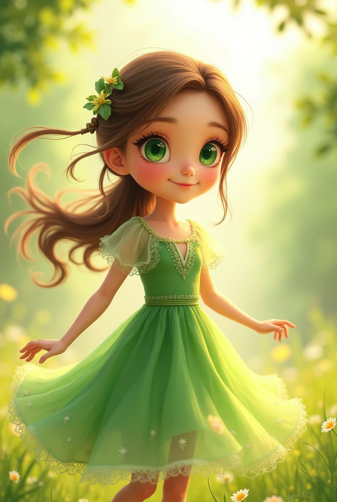 Could you make a cute girl with green eyes and a green dress full body animated to draw?