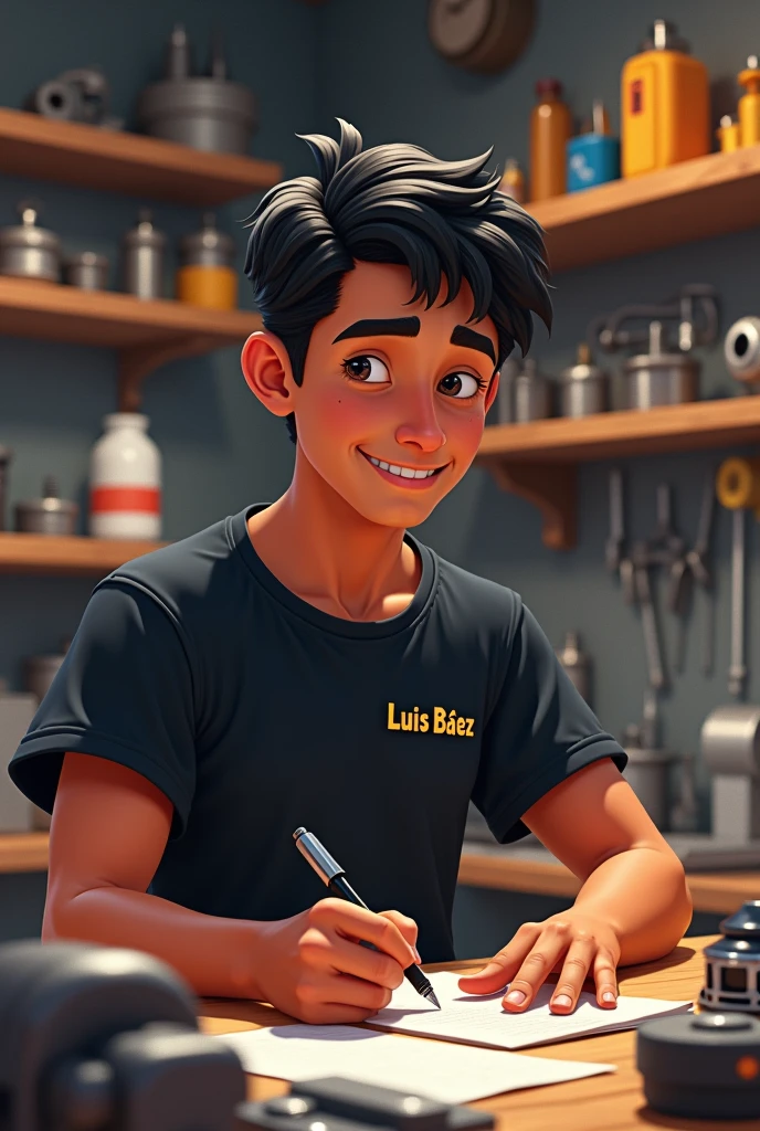 Pixar style poster of a 2 young man, his skin color is brown, he owns a spare parts store in San Luis, he has a black t-shirt with the name Luis Báez on it, his hair is dark and short, in the image he is seen writing down orders