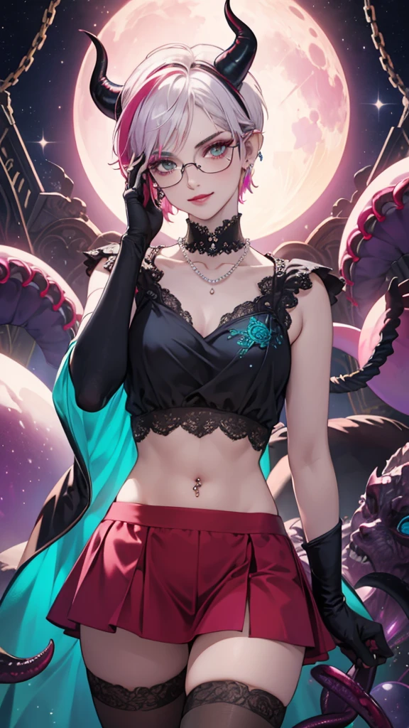 8k, masterpiece, best quality, highly detailed, 1 girl, tiefling, warlock, pixie cut, multicolored hair, very short straight hair red highlight hair on white hair, strippled hair, wearing glasses, round glasses, earrings, navel piercing, red eyeshadow, long eyelashes, blushed cheek, red lips, pearl necklace, rings, collarbone, mole on face, glamorous, teal and pink clothes, sleeveless, miniskirt, smirk, close up view, rings, looking at viewer, demon horns, solo, starry sky, pale blue moon, standing, demonic arms, chains on the background, black lace gloves, tentacles, orbs.