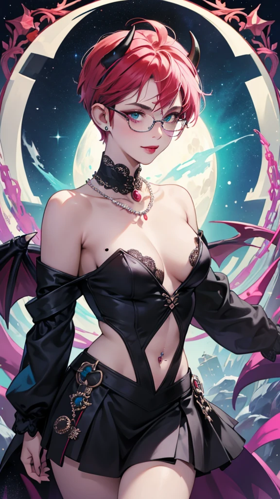 8k, masterpiece, best quality, highly detailed, 1 girl, tiefling, warlock, pixie cut, multicolored hair, very short straight hair red highlight hair on white hair, strippled hair, wearing glasses, round glasses, earrings, navel piercing, red eyeshadow, long eyelashes, blushed cheek, red lips, pearl necklace, rings, collarbone, mole on face, glamorous, teal and pink clothes, sleeveless, miniskirt, smirk, close up view, rings, looking at viewer, demon horns, solo, starry sky, pale blue moon, standing, demonic arms, chains on the background, black lace gloves, tentacles, orbs.
