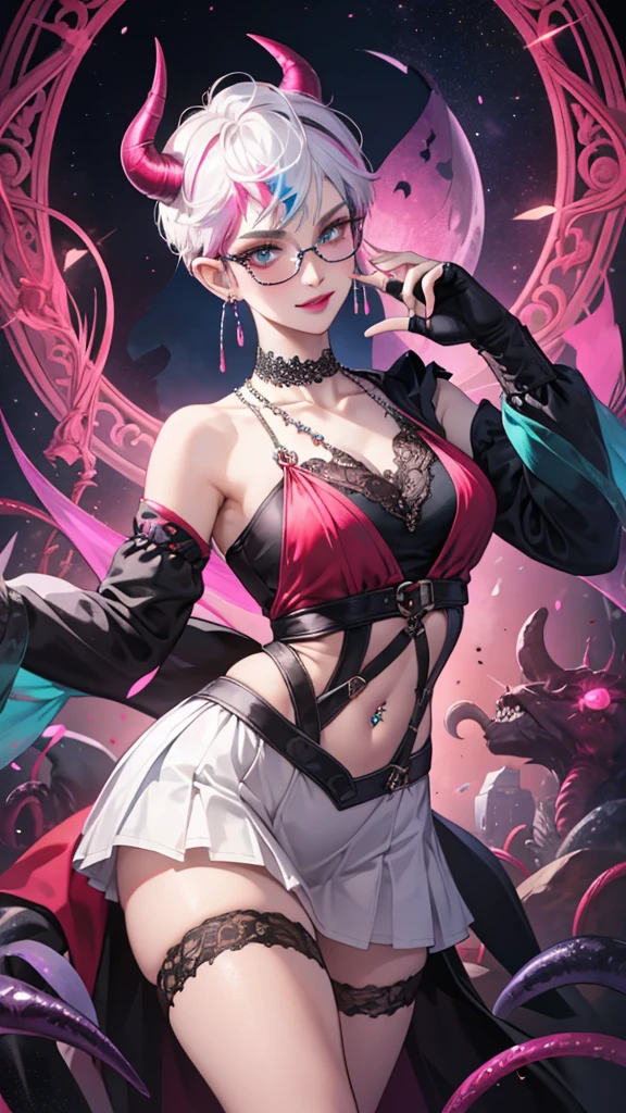 8k, masterpiece, best quality, highly detailed, 1 girl, tiefling, warlock, pixie cut, multicolored hair, very short straight hair red highlight hair on white hair, strippled hair, wearing glasses, round glasses, earrings, navel piercing, red eyeshadow, long eyelashes, blushed cheek, red lips, pearl necklace, rings, collarbone, mole on face, glamorous, teal and pink clothes, sleeveless, miniskirt, smirk, close up view, rings, looking at viewer, demon horns, solo, starry sky, pale blue moon, standing, demonic arms, chains on the background, black lace gloves, tentacles, orbs.