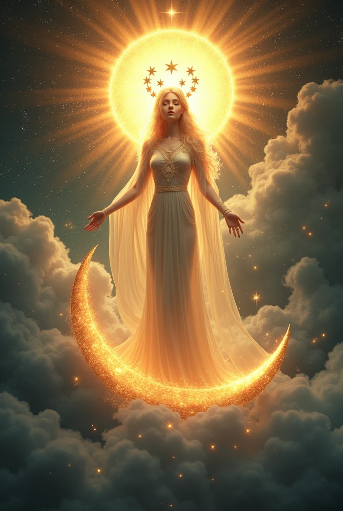 I want you to make the image of a woman clothed with the sun and with a crown of 12 stars and the moon under her feet