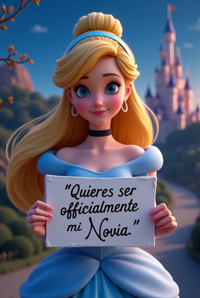 Cinderella from the movie holding a sign that says Will you officially be my girlfriend??
written in spanish