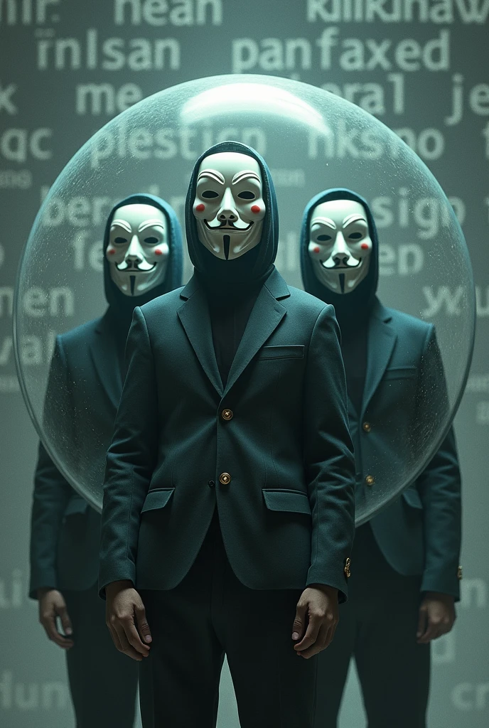 3 people with anonymous masks inside a bubble and next to them written @crxgov and in the background programming languages