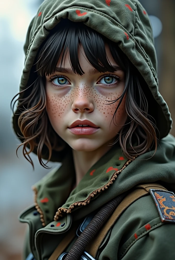 A young soldier, Shoulder-length wavy hair with a fringe covering her forehead, Grey blue eyes almost like metal, pale chick, splattered nose.