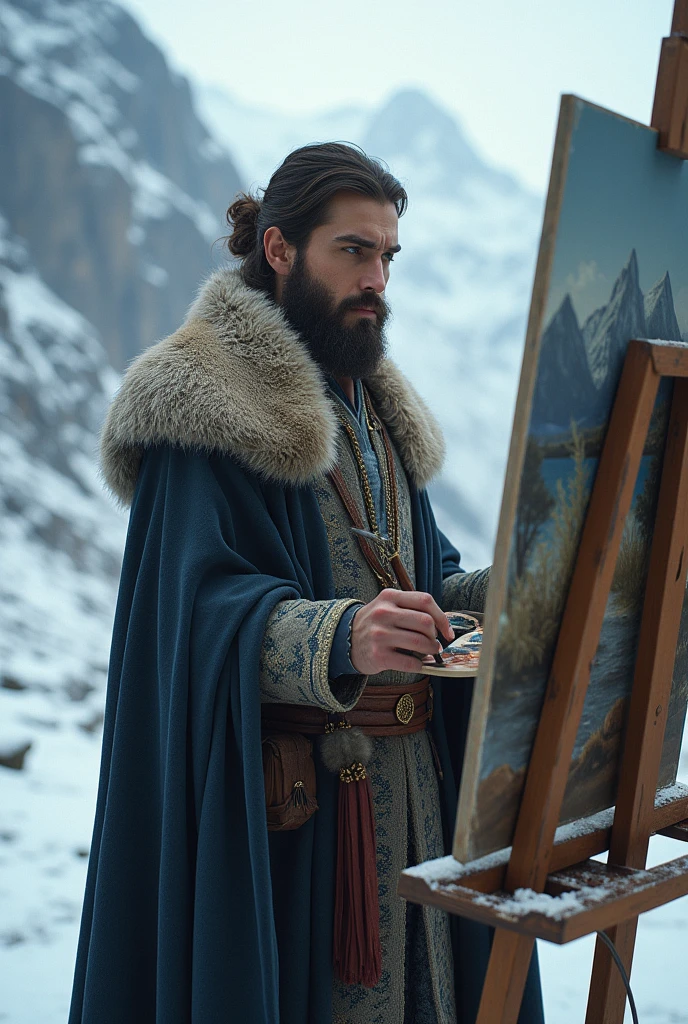 Create a LORD with hair in a shirt standing in the cold to paint the image