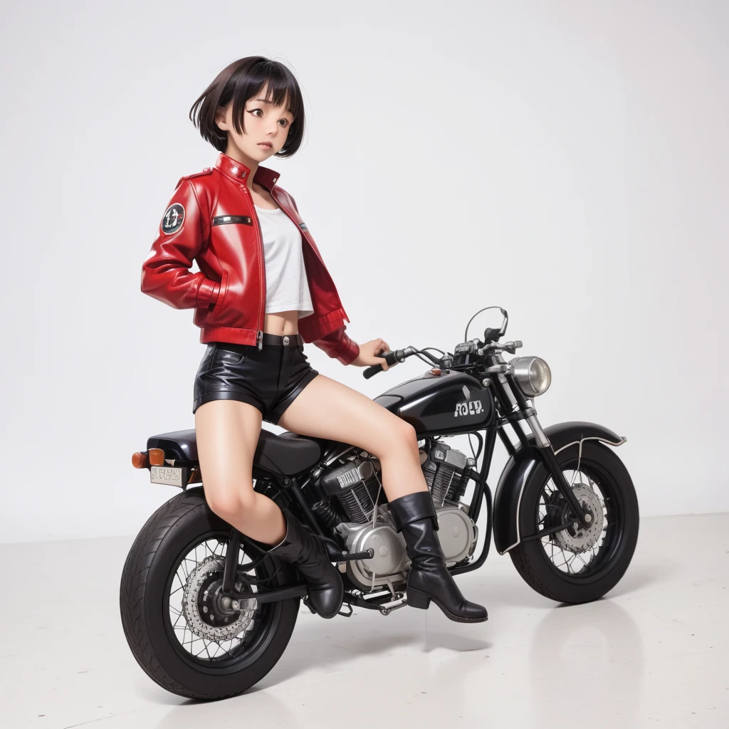 (磁器people形:1.2)、(陶磁器people形:1.2)、(Ride a classic motorcycle:1.2 )、(Vintage Bikes、Bluff Superior SS100)、美しい若い日本people女性、Beautiful Face, Black Hair, Short Bob Hair, Red classic leather jacket、leather shorts、boots、goggles、Take a photo of the entire bike、(people々々And the size balance of the motorcycle is our number one priority.:1.2)、Blur the background、((No background))、((White Background))、((Plain background))、((No logo))、(Highest quality、High resolution、masterpiece)、(3d)、4K、8k、wallpaper、