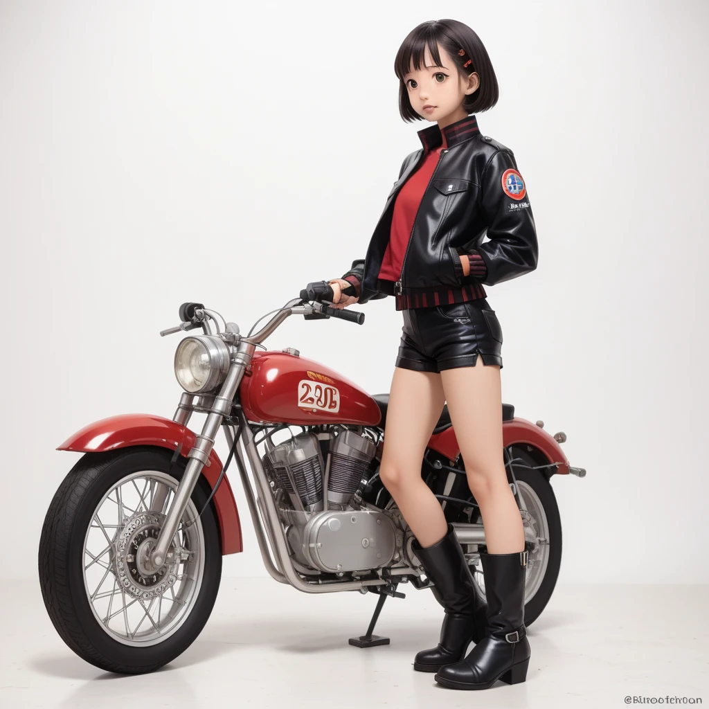 (磁器people形:1.2)、(陶磁器people形:1.2)、(Ride a classic motorcycle:1.2 )、(Vintage Bikes、Bluff Superior SS100)、美しい若い日本people女性、Beautiful Face, Black Hair, Short Bob Hair, Red classic leather jacket、leather shorts、boots、goggles、Take a photo of the entire bike、(people々々And the size balance of the motorcycle is our number one priority.:1.2)、Blur the background、((No background))、((White Background))、((Plain background))、((No logo))、(Highest quality、High resolution、masterpiece)、(3d)、4K、8k、wallpaper、