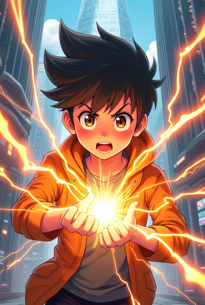 anime style draw ,Young anime boy ,in a futuristic city, with technology, controlling orange lightning and sparks