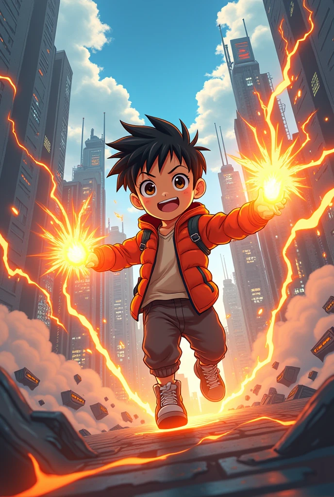 anime style draw ,Young anime boy ,in a futuristic city, with technology, controlling orange lightning and sparks