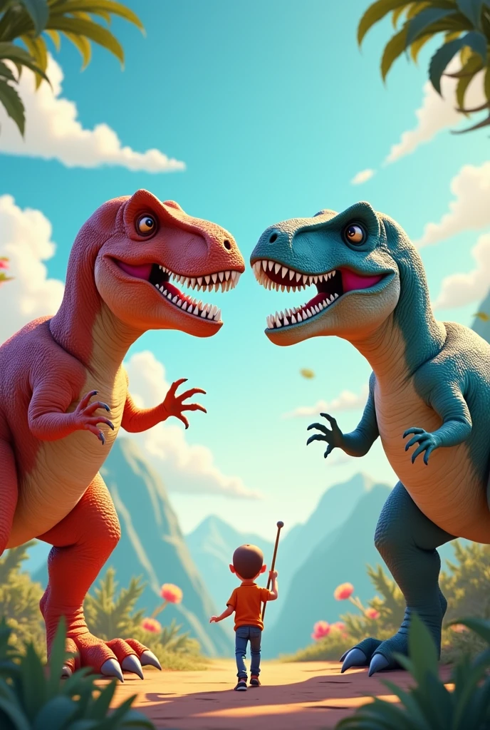 Create an image using the Tyrannosaurus Rex and the Indominus Rex for children and put the name "Benjamin".