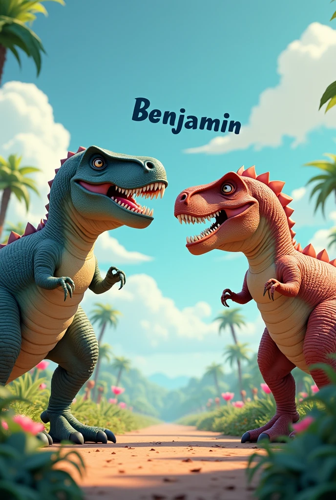 Create an image using the Tyrannosaurus Rex and the Indominus Rex for children and put the name "Benjamin".